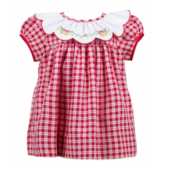 THE PROPER PEONY GIRLS CHRISTMAS‎ DRESS - RED CHECK EMBROIDERED GOLDEN BELLS - Picture 1 of 5
